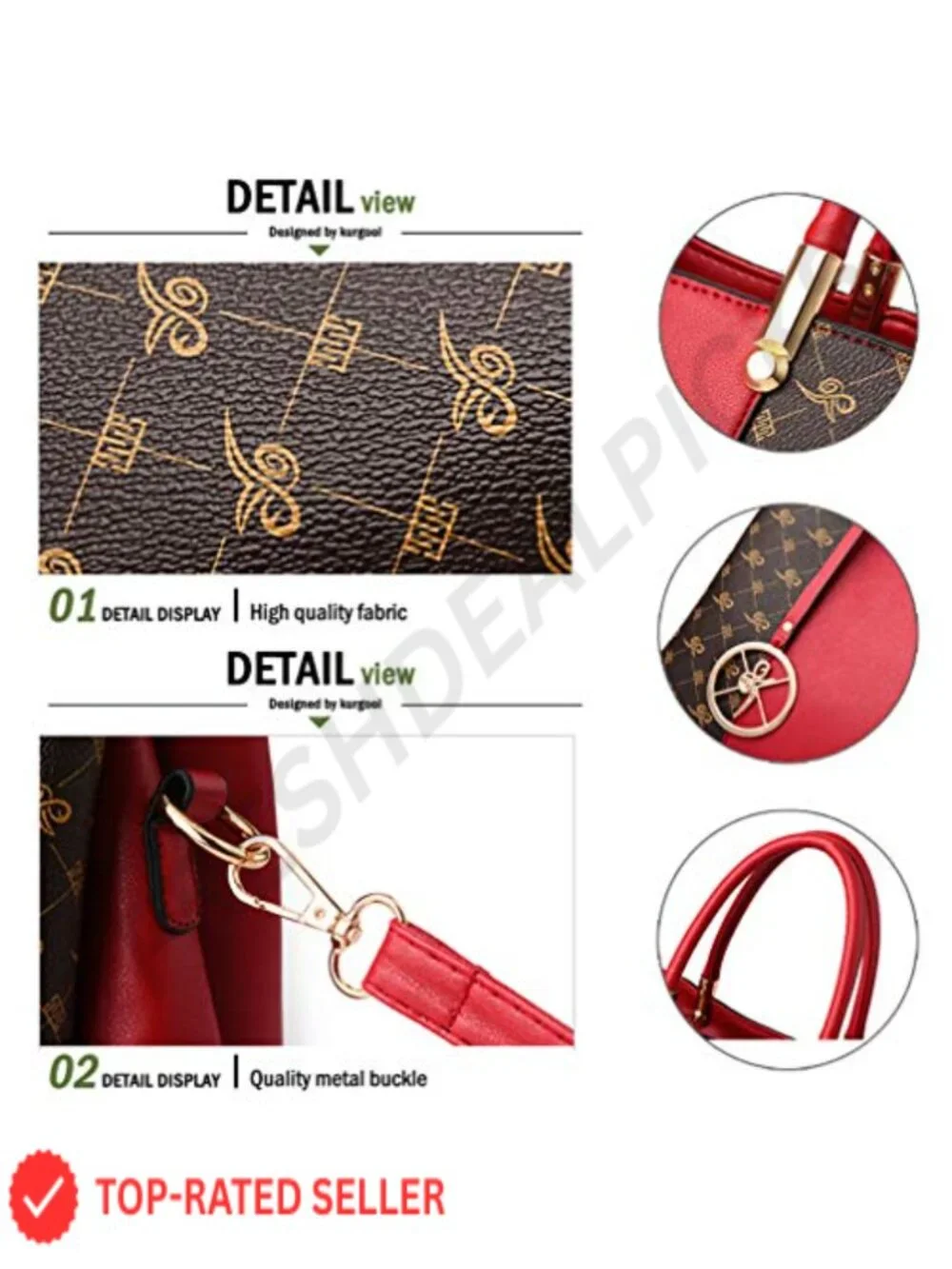 PU Leather Satchel Tote Bag with 7 Pockets Removable Strap
